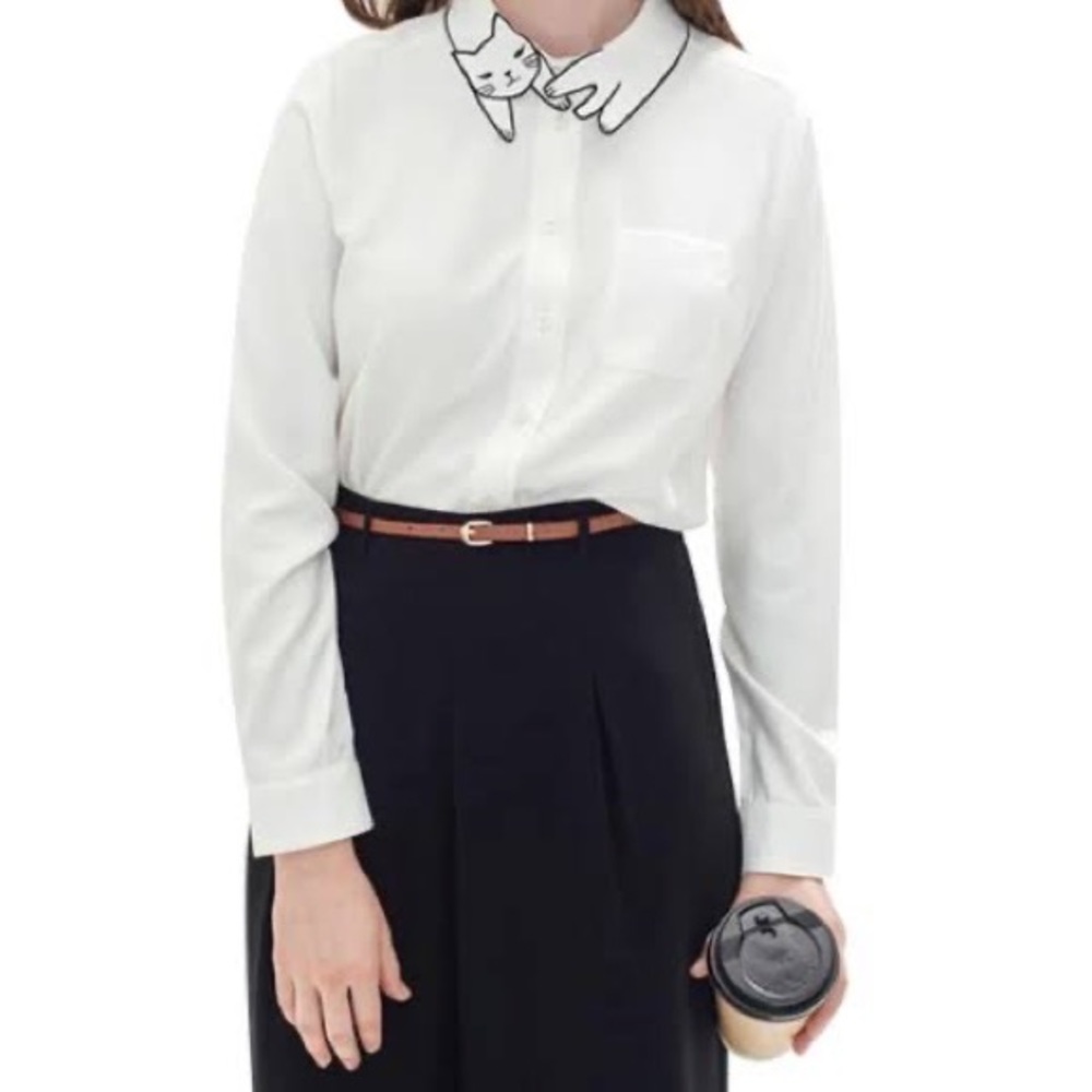 Miss Patina London White Love Cat Collar Shirt Women Size Small